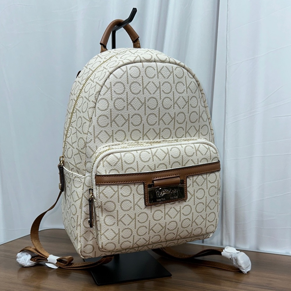 Calvin Klein Cream Monogram Backpack with Brown Trim